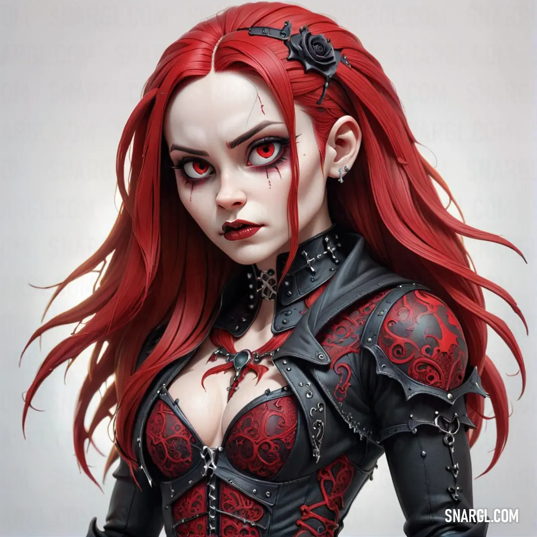 Woman with red hair and makeup wearing a black outfit with red roses on her chest. Example of #B31B1B color.