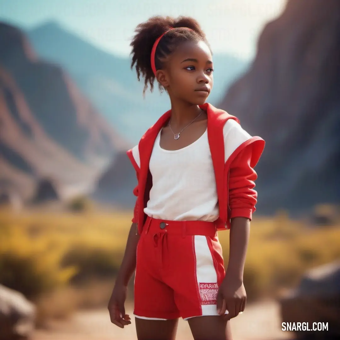 Young girl in a red and white outfit stands in front of a mountain range with a red. Example of RGB 179,27,27 color.
