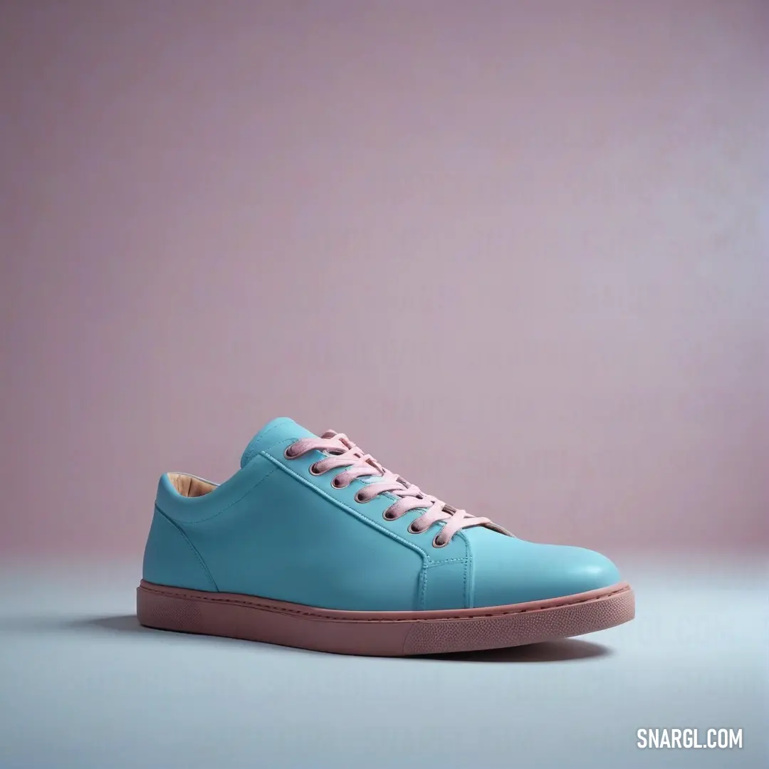 Blue sneaker with a pink sole on a grey surface. Example of #99BADD color.