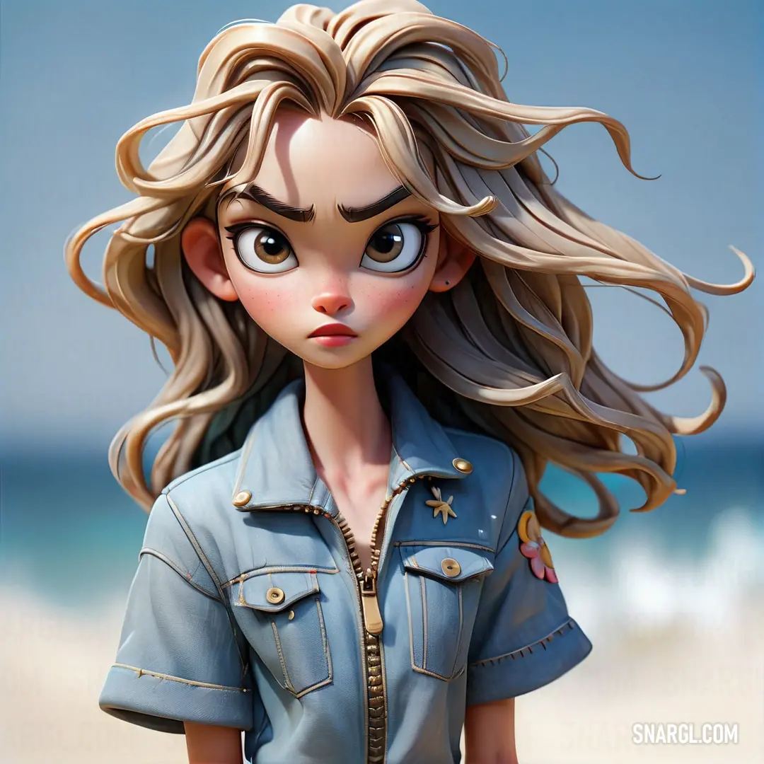 Cartoon girl with long blonde hair and blue eyes standing on a beach. Example of RGB 153,186,221 color.