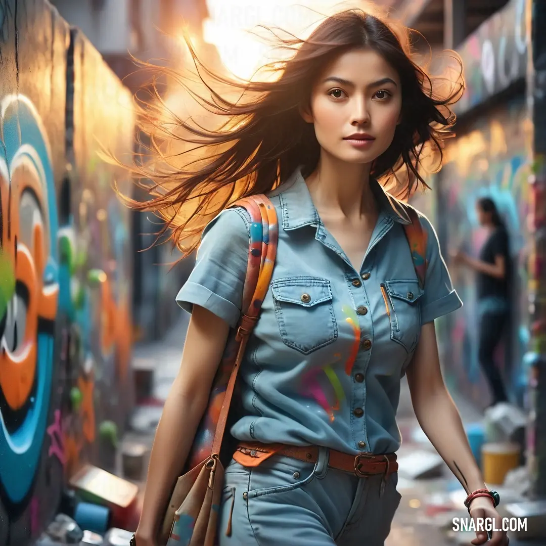 Woman walking down a street with a backpack on her back and a graffiti wall behind her. Color RGB 153,186,221.