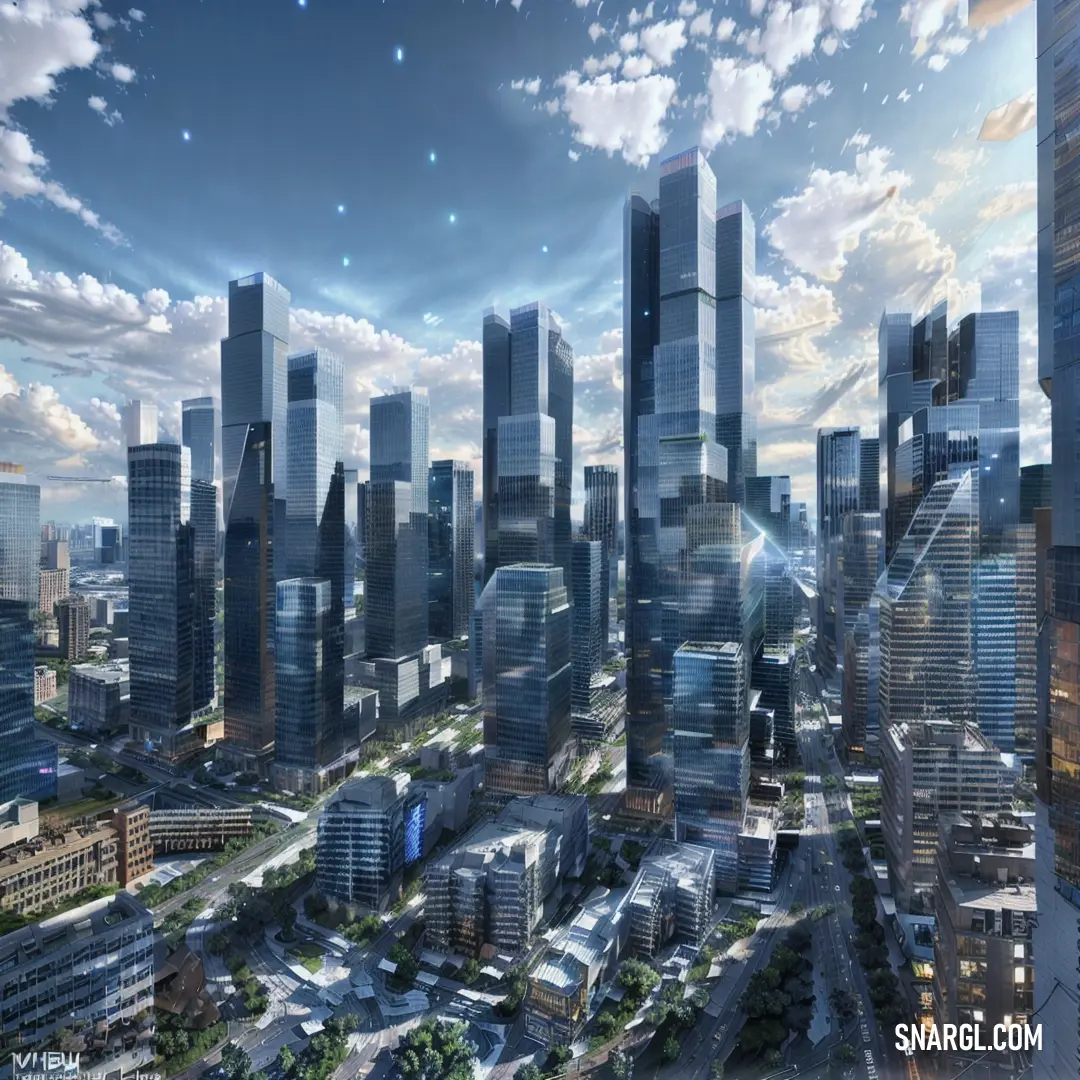 City with tall buildings and a sky background with clouds and stars in the sky