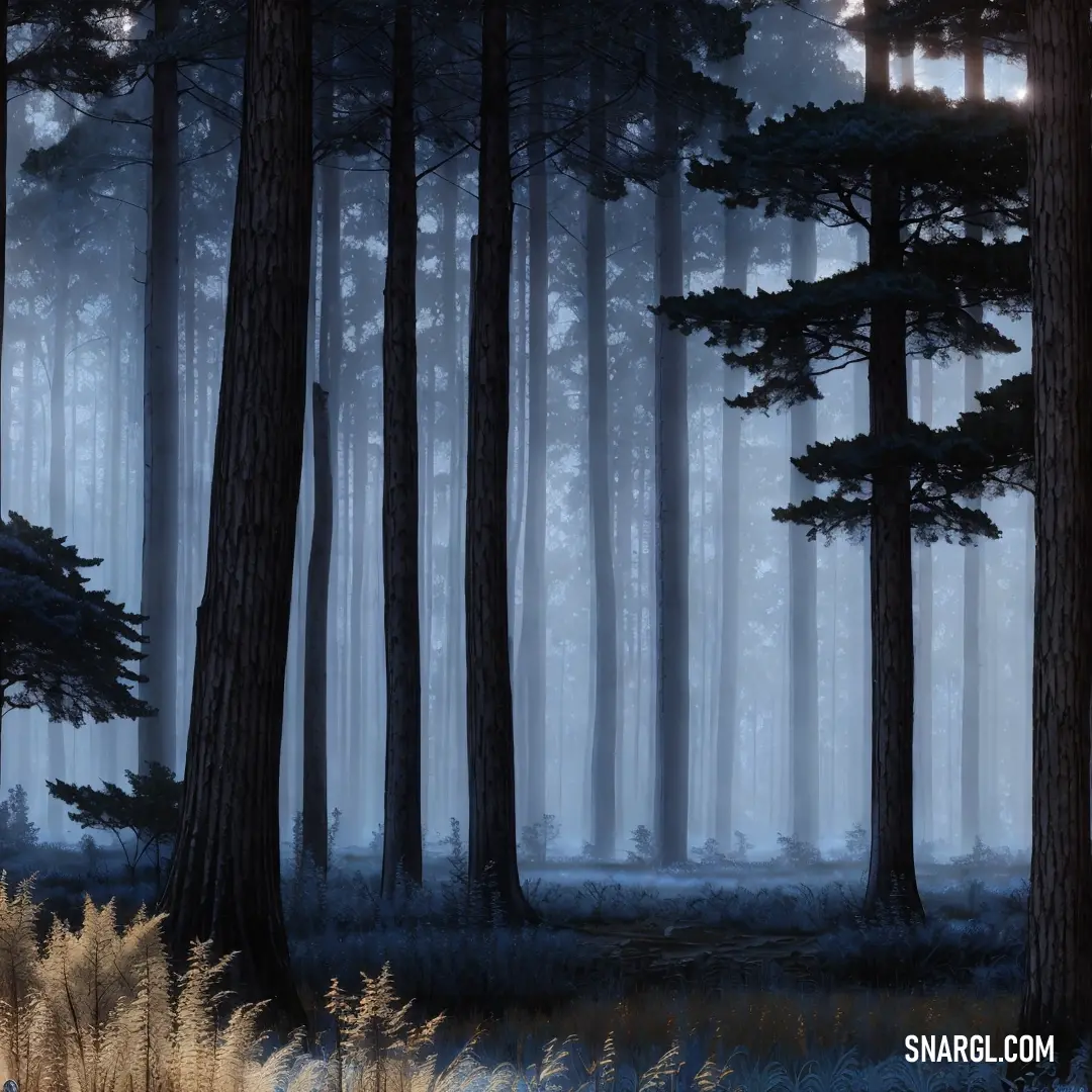 Forest with tall trees and grass in the foreground and a full moon in the distance in the distance