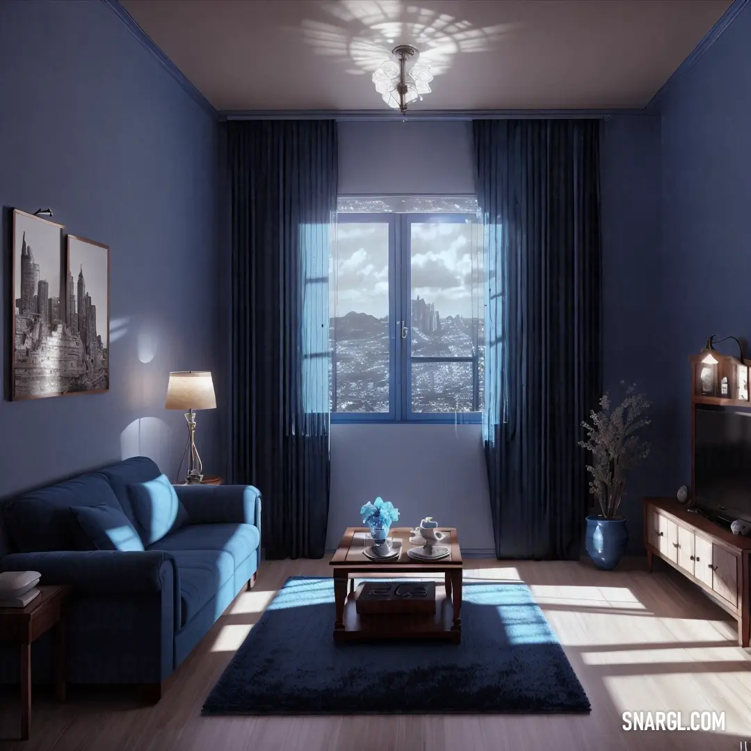 Living room with a blue couch and a blue rug on the floor and a blue wall with a window