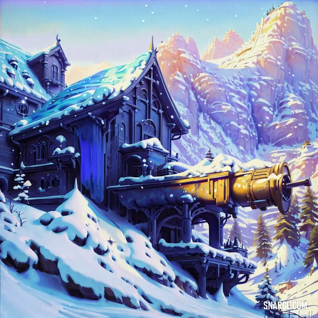 Painting of a snowy mountain town with a large telescope in the foreground