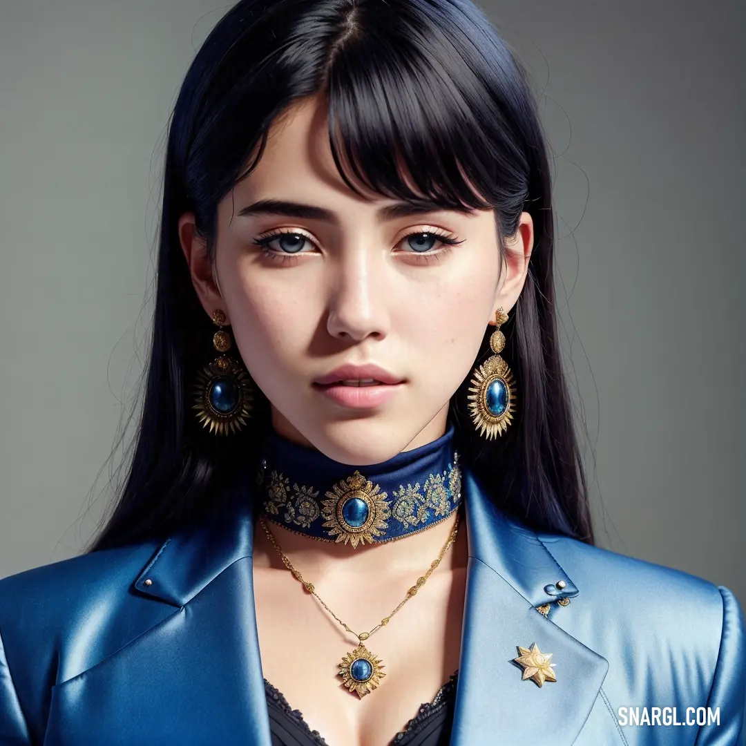 Woman wearing a blue suit and a blue collar necklace and earrings with a star design on it