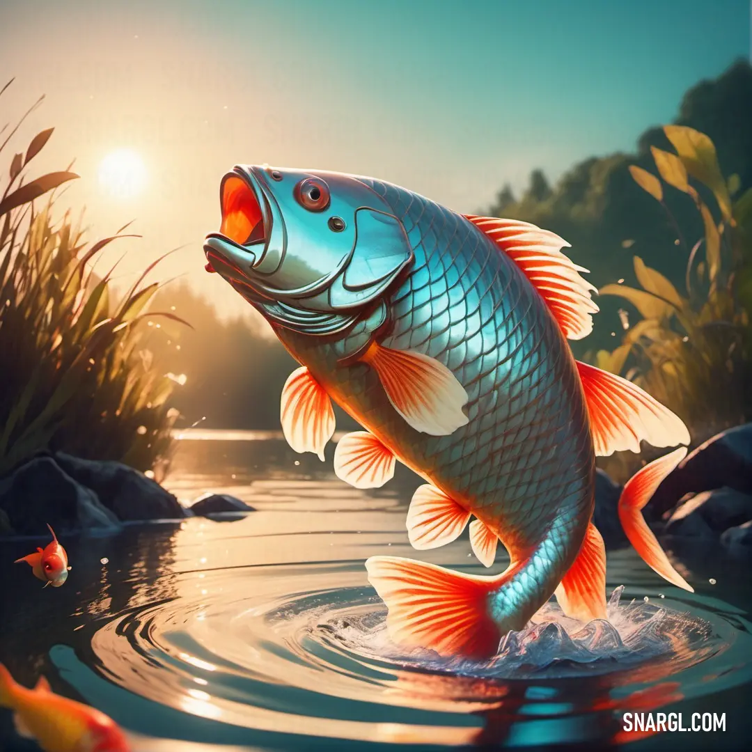 Fish is jumping out of the water to catch a fish in the lake with a sun in the background