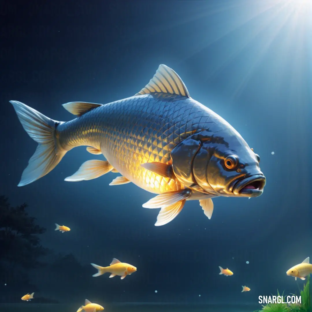 Fish is swimming in the water with many small fish around it and a bright sun shining on the water