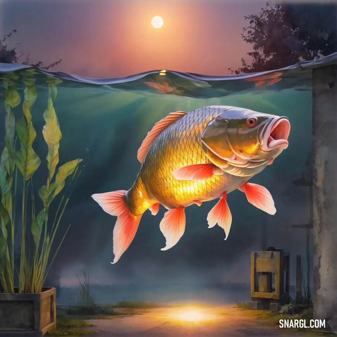 Fish is swimming in the water near a dock and a light pole with a lamp on it and a house in the background
