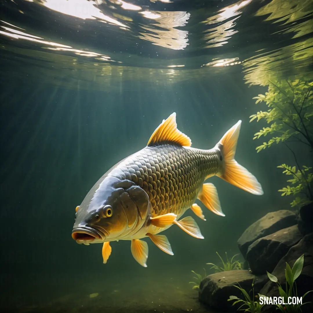 Fish swimming in a pond with rocks and plants in the background