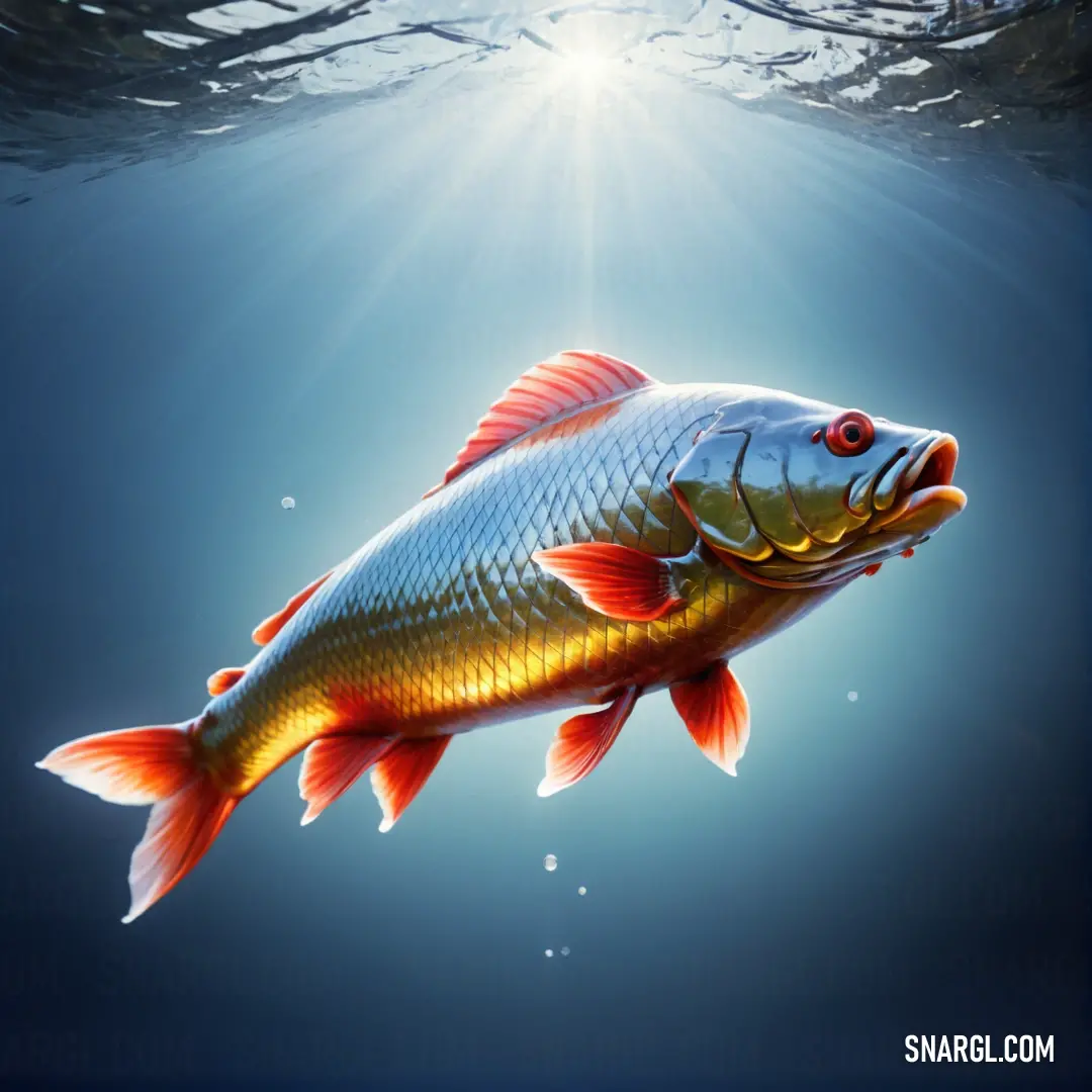 Fish swimming in the water with sunlight shining on it's side and a blue background