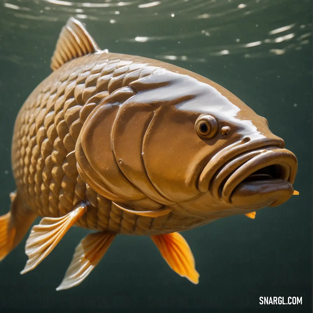 Fish with its mouth open swimming in the water with bubbles of water around it and a black background