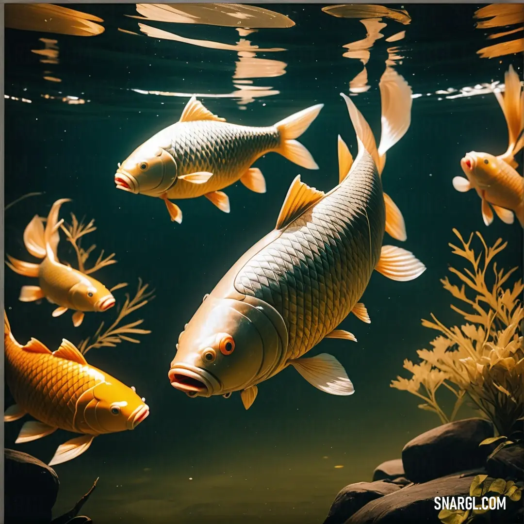 Group of fish swimming in a pond of water with plants and rocks in the background