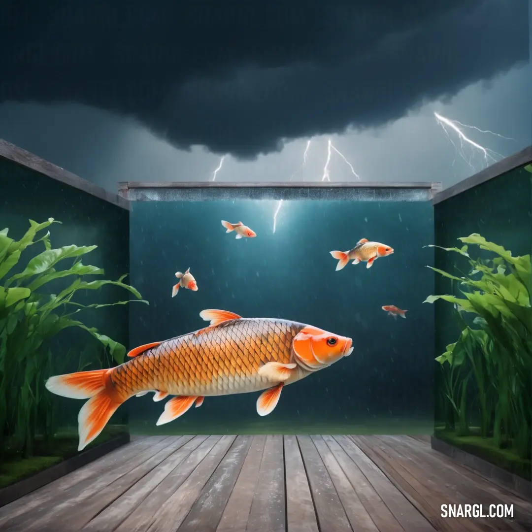 Room with a fish and a lot of fish in it and a lightning in the sky above it