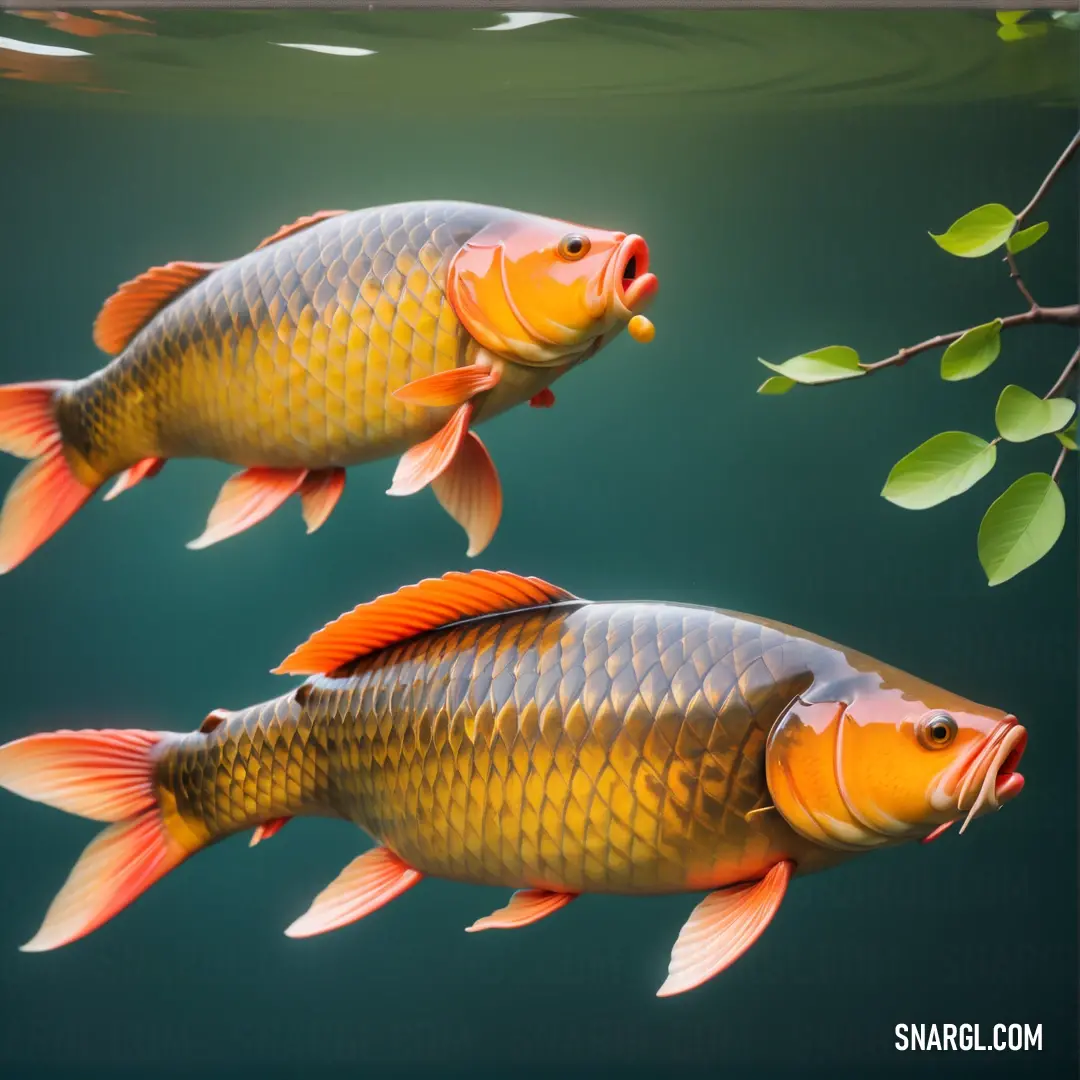 Two fish swimming in a pond with a tree branch in the background