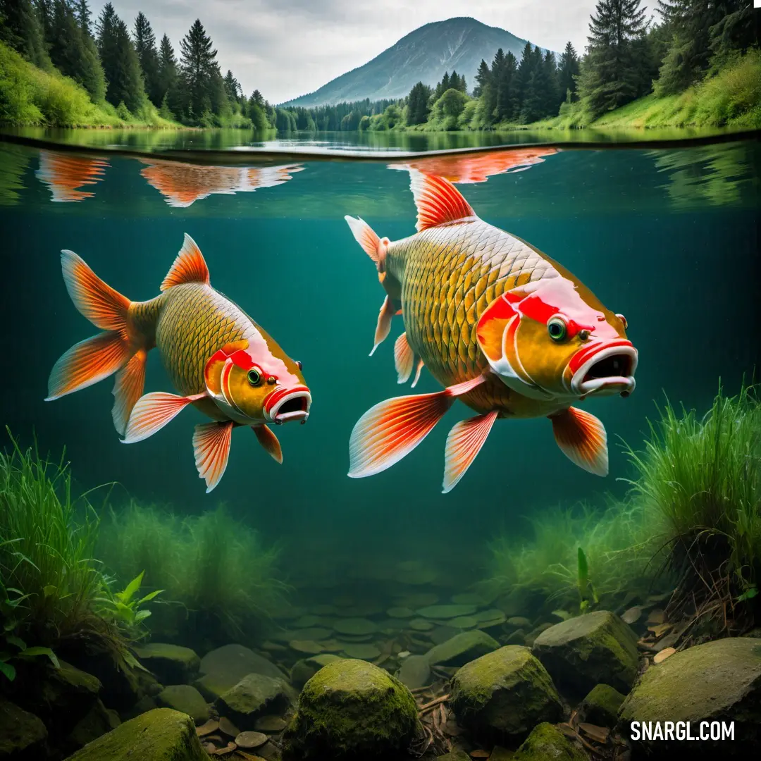 Two fish swimming in a lake with a mountain in the background