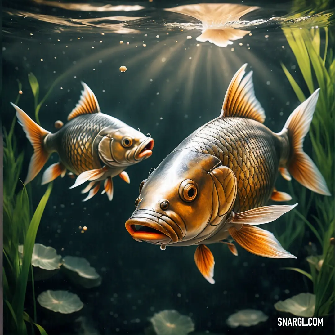 Two fish swimming in a pond of water with plants and algaes around them