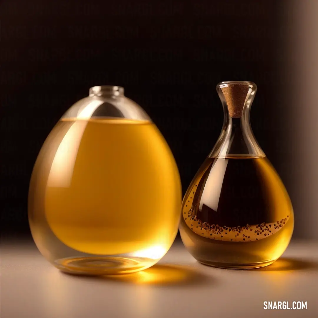 Bottle of oil and a glass vase on a table top with a black background behind it and a light reflecting off the bottle