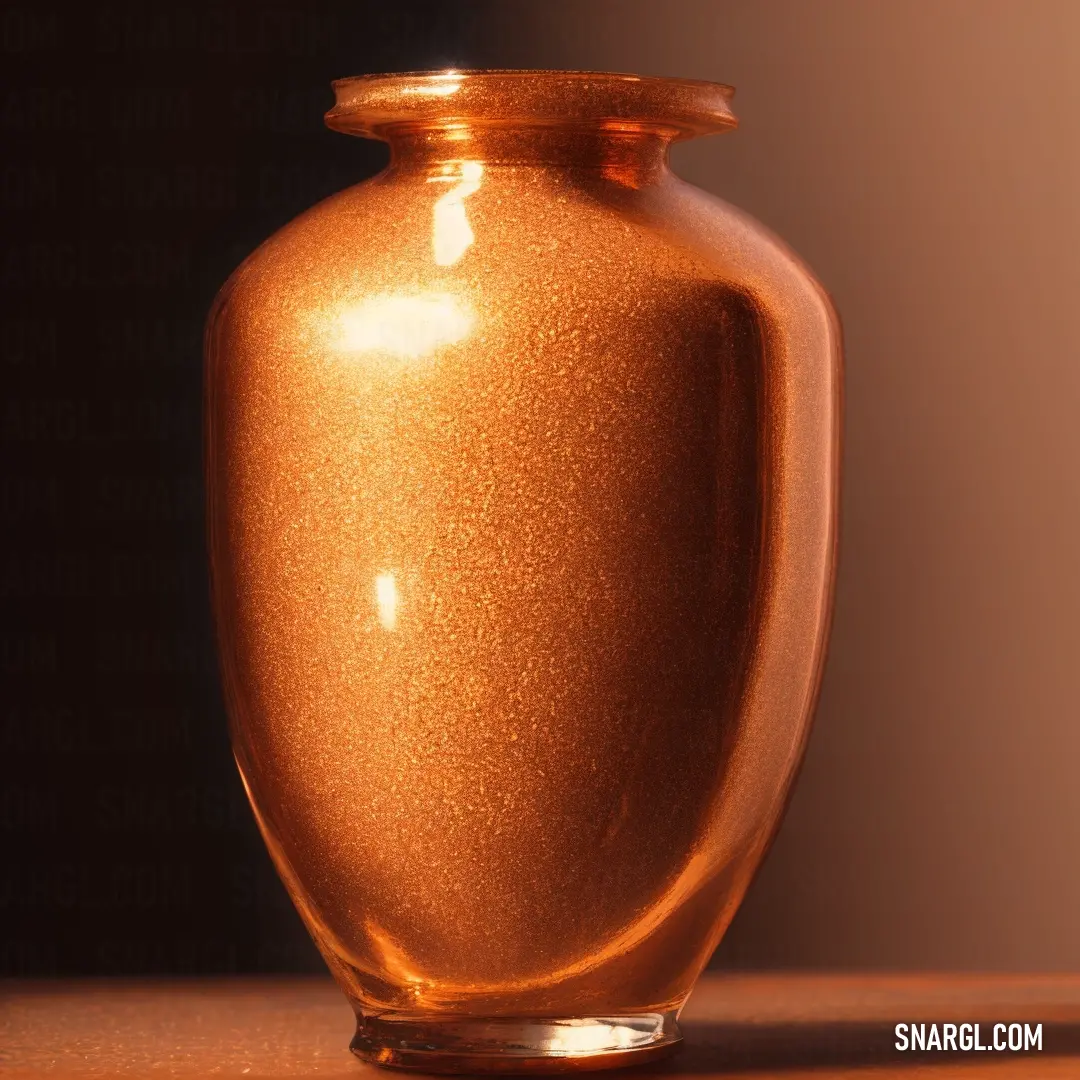 Brown vase on top of a wooden table next to a wall and a black background with a light shining on it