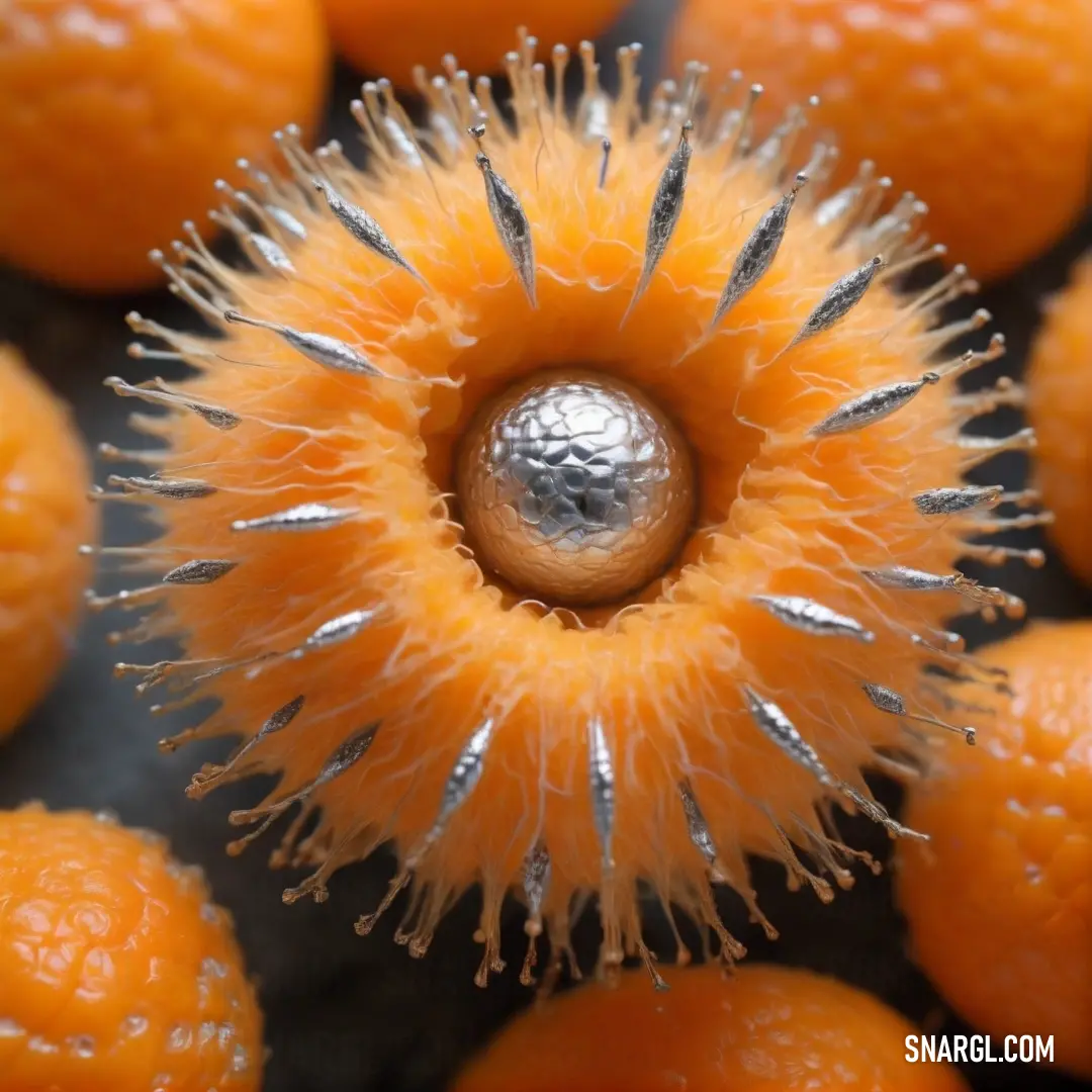 Close up of a bunch of oranges with a metal ball in the center of the picture and a few other oranges in the background