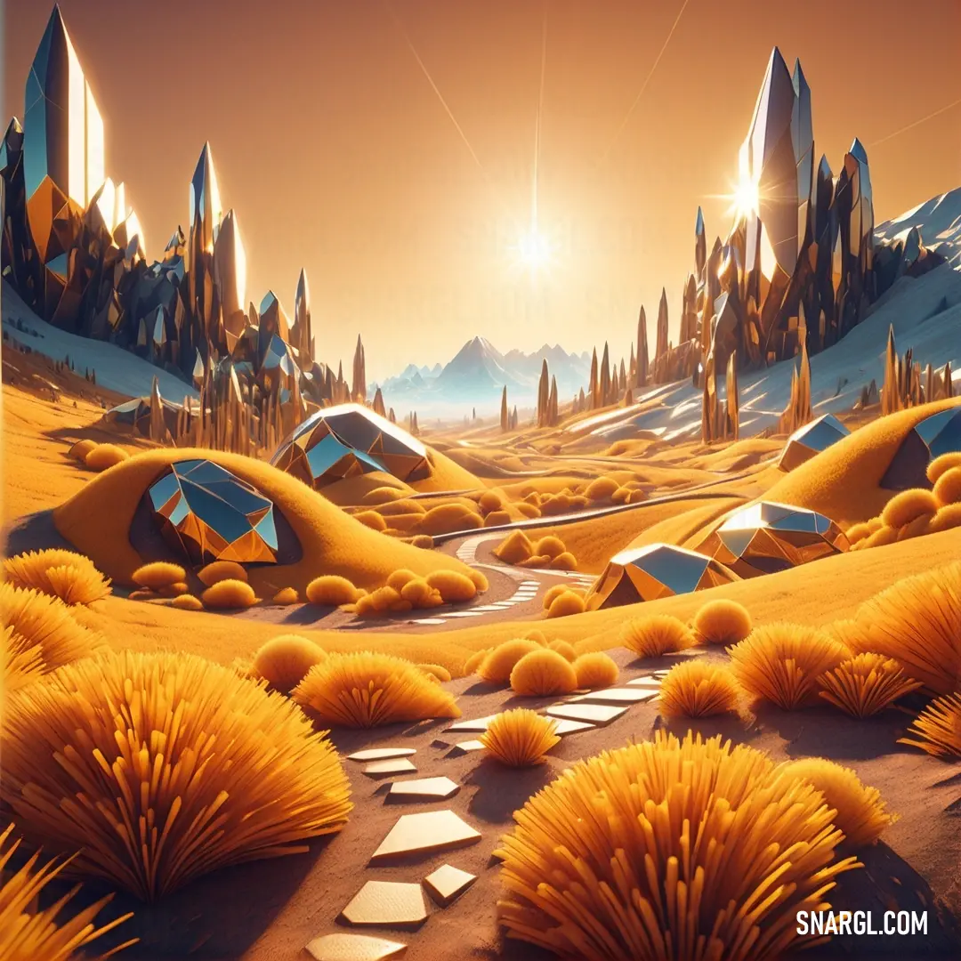 Computer generated landscape with a mountain and a river in the distance with a sun shining over the mountains