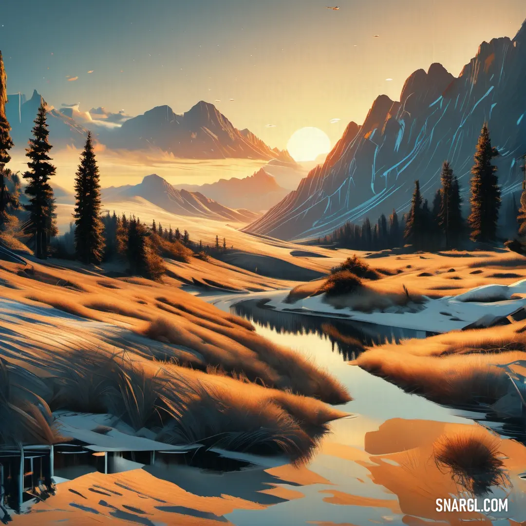 Painting of a snowy landscape with a stream and mountains in the background. Example of #ED9121 color.
