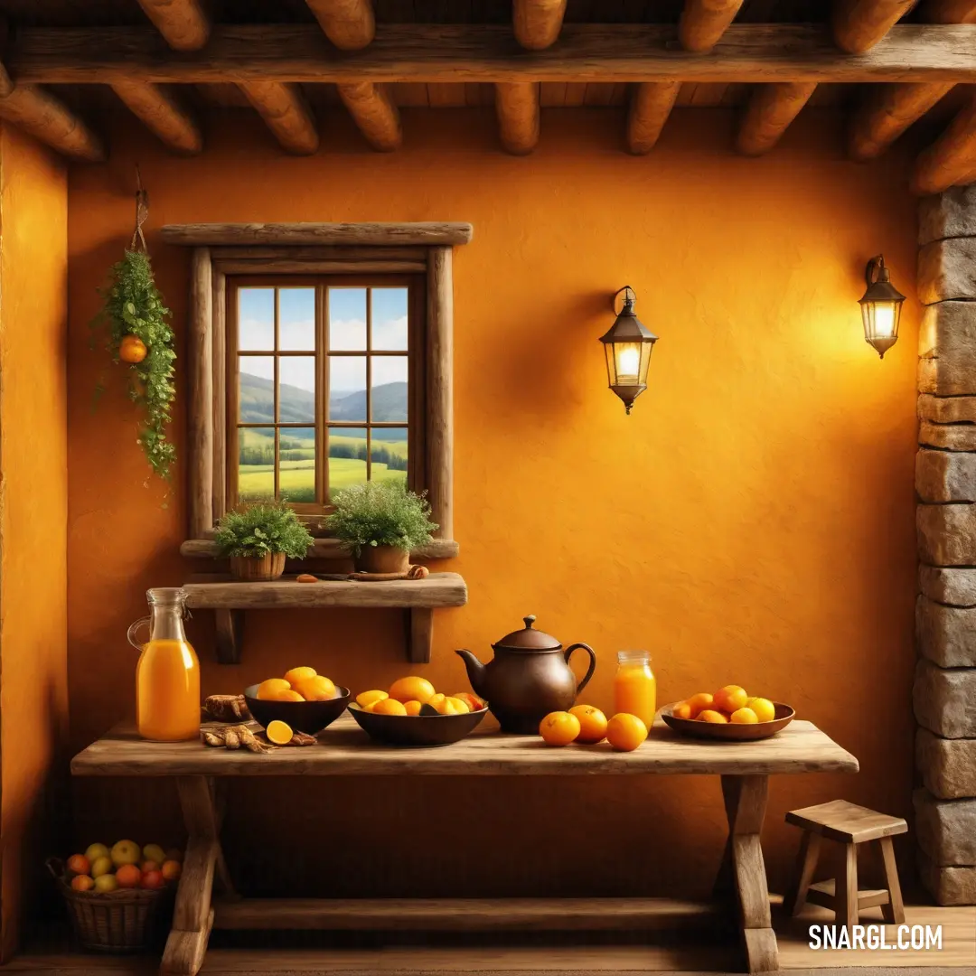 Carrot orange color example: Painting of a table with oranges and a teapot on it, with a window in the background
