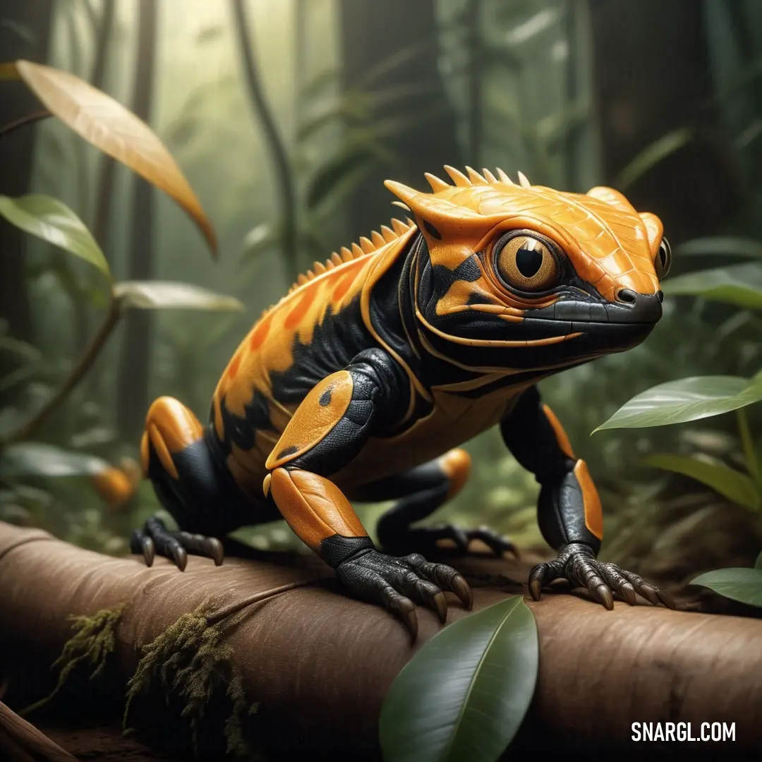 Yellow and black frog on a log in a forest of plants and trees, with a green background. Color #ED9121.