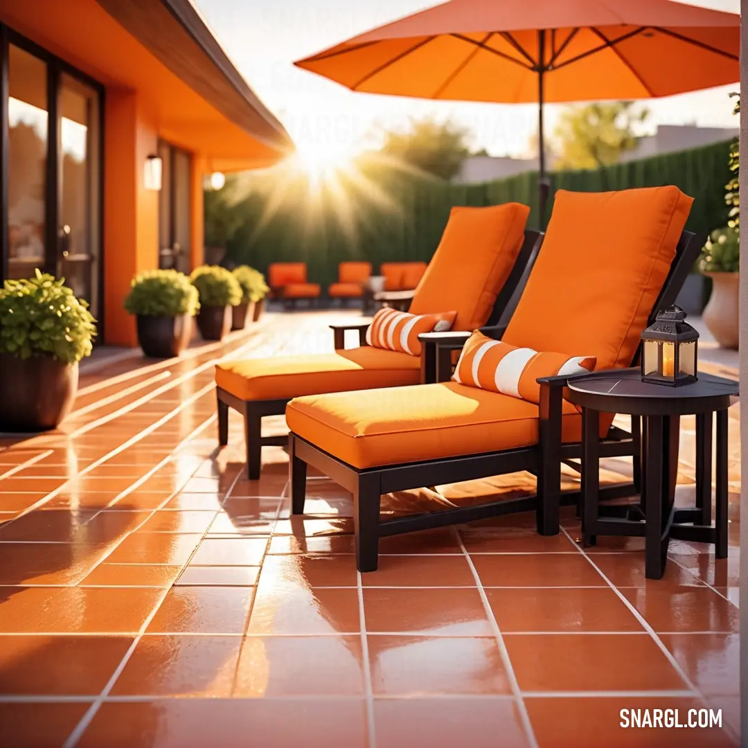 Couple of chairs on top of a tiled floor next to a table with an umbrella over it. Color RGB 237,145,33.