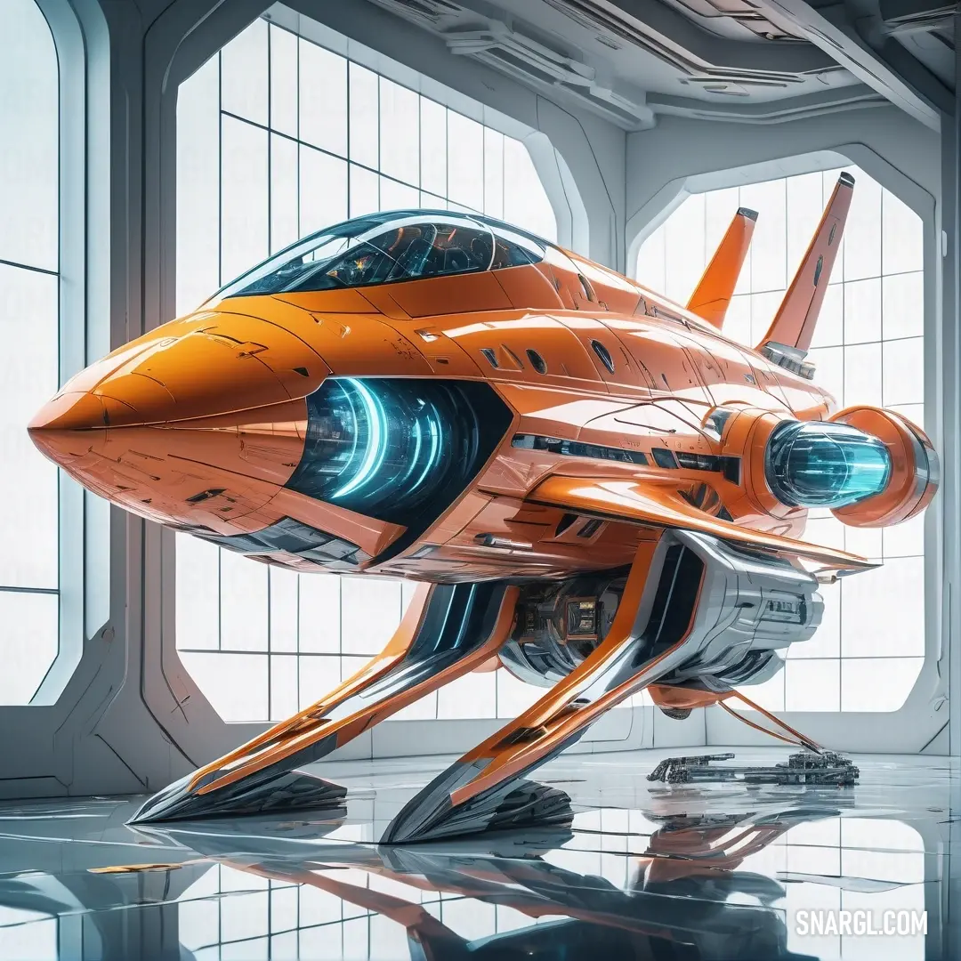 Futuristic orange airplane is parked in a building with windows and a reflection on the floor. Color RGB 237,145,33.