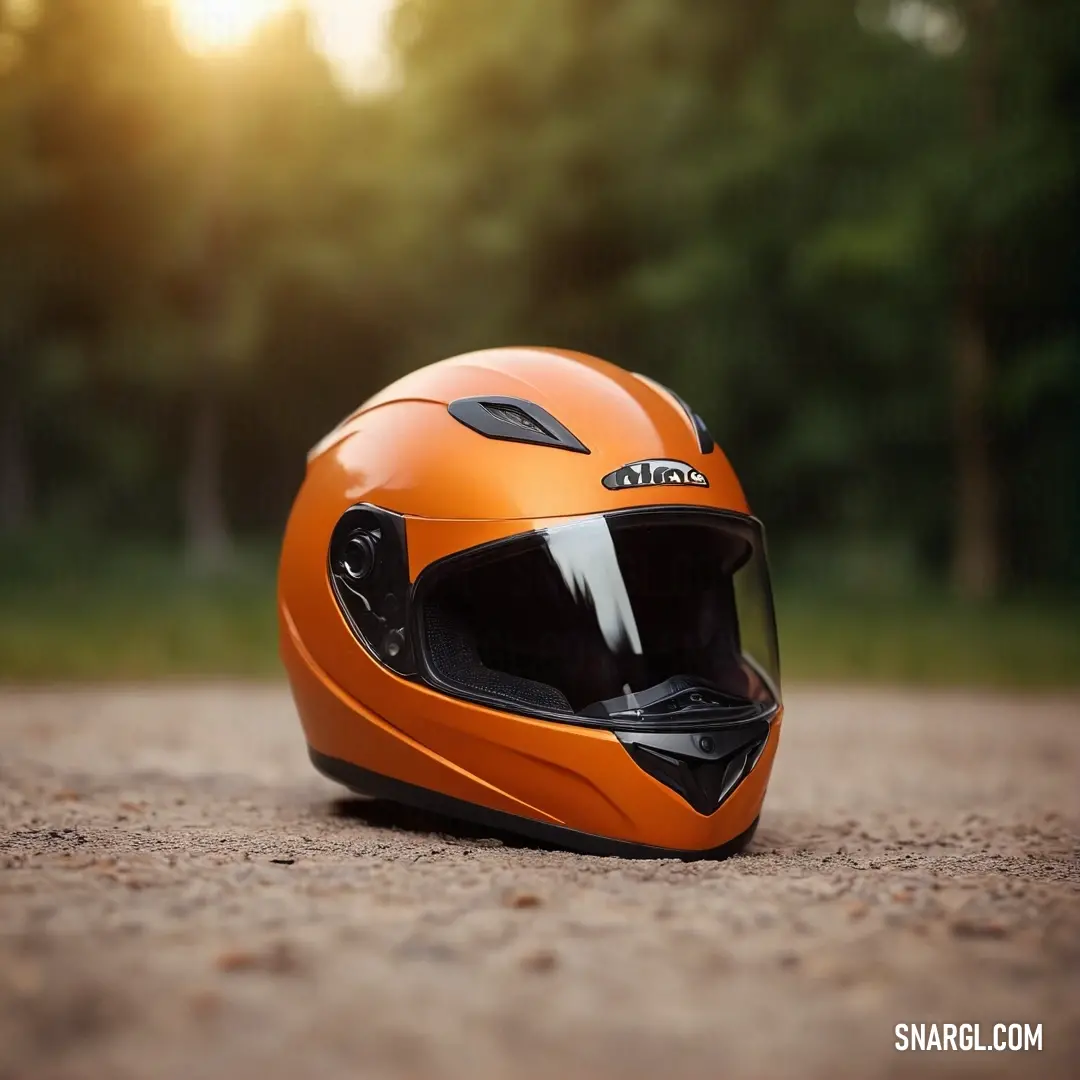 Helmet is laying on the ground in the sun light, with trees in the background. Color CMYK 0,39,86,7.