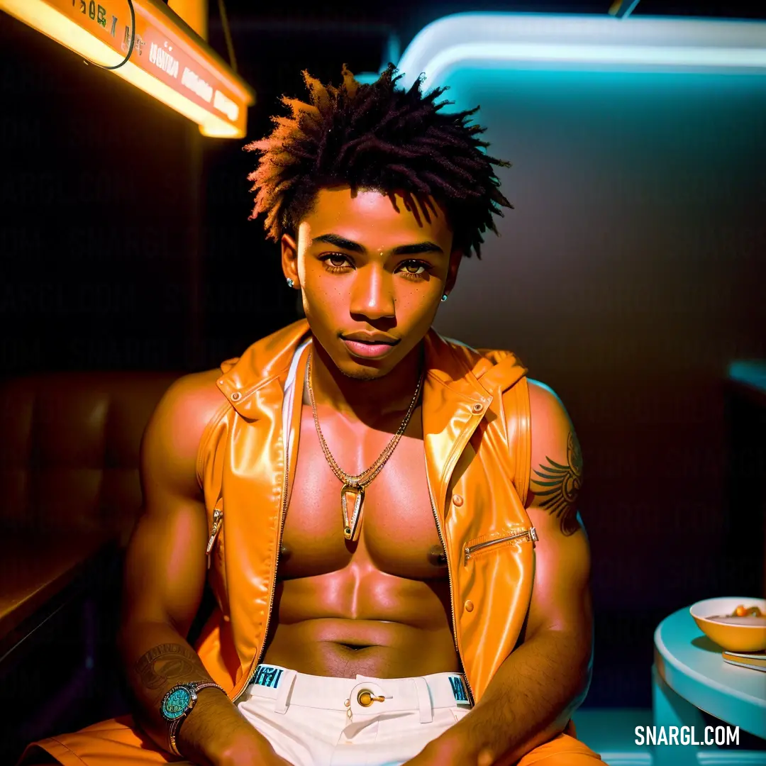 Man with dreadlocks on a bench in a room with a neon light on his chest
