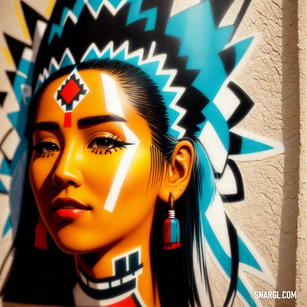 Painting of a native american woman with a colorful headdress on her face and a red and blue feather