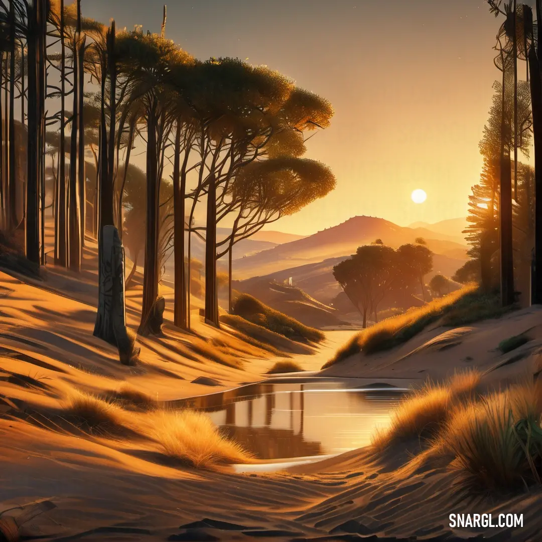 Painting of a sunset in a desert with trees and a pond in the foreground. Example of #ED9121 color.