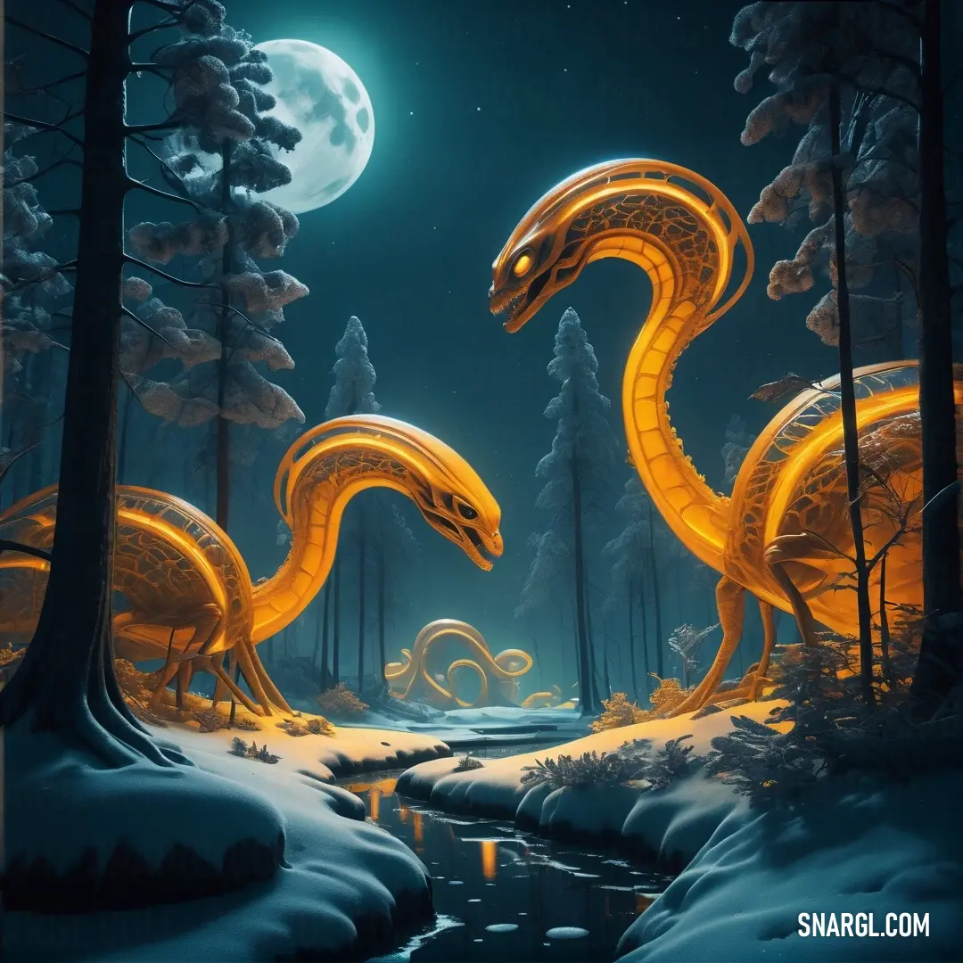 Painting of two yellow dragon statues in a snowy forest at night with a full moon in the background. Color #ED9121.