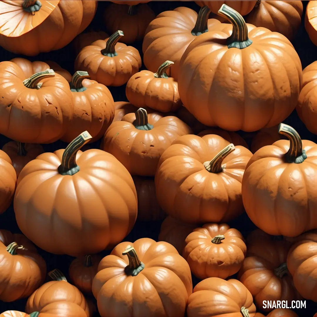 Pile of pumpkins next to each other on display in a store window display case. Example of #ED9121 color.