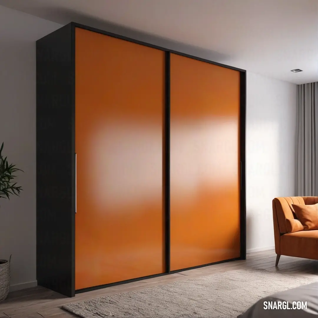 Carrot orange color. Room with a couch and a sliding door in it's center area