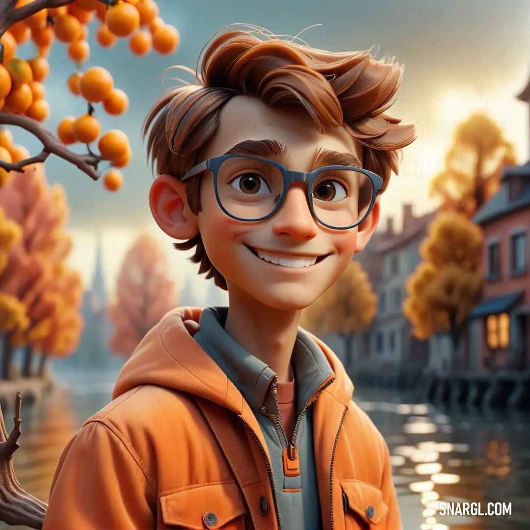 Cartoon boy with glasses and a jacket on standing in front of a tree with oranges on it. Example of Carrot color.