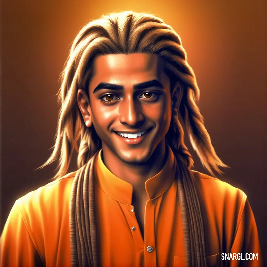 Digital painting of a man with long hair and a smile on his face. Color CMYK 0,56,77,1.