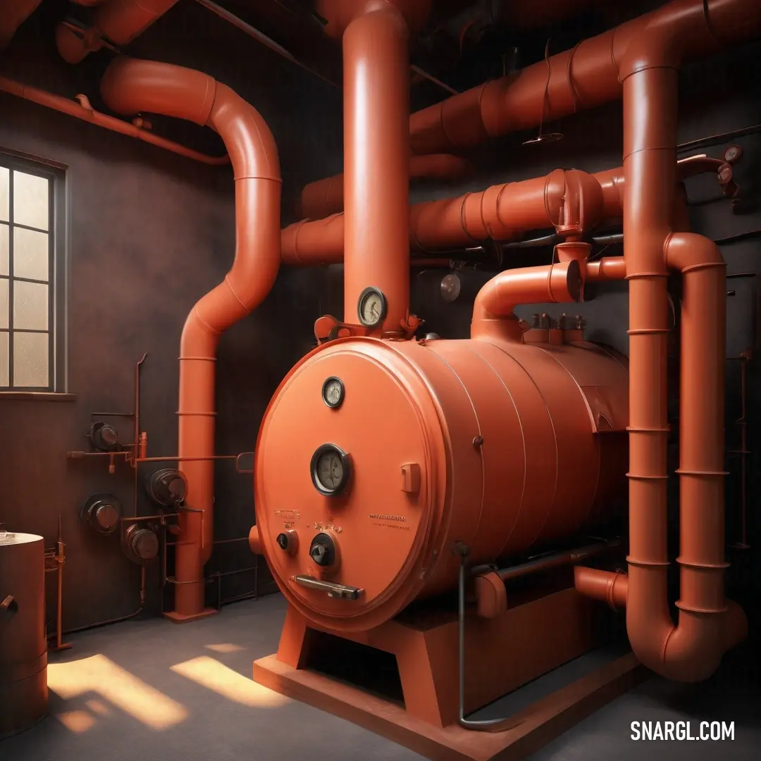 Large orange industrial boiler with pipes and a window in the background. Example of Carrot color.