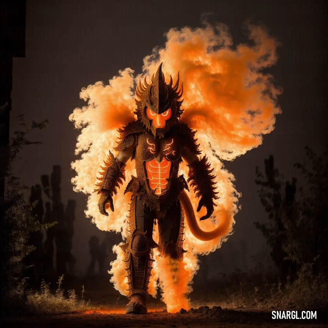 Man in a costume with flames on his face and arms. Example of Carrot color.