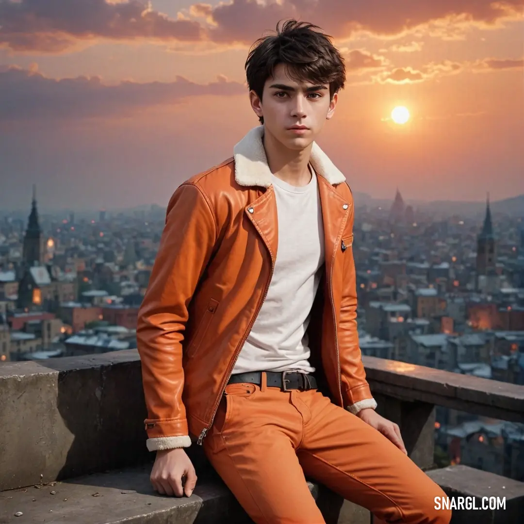 Man on a ledge in front of a city skyline at sunset with a sunset behind him. Example of #FD6F3B color.