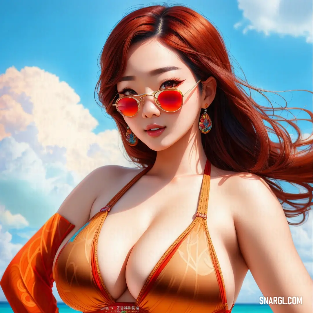 Woman in a bikini and sunglasses on a beach with a sky background. Example of Carrot color.
