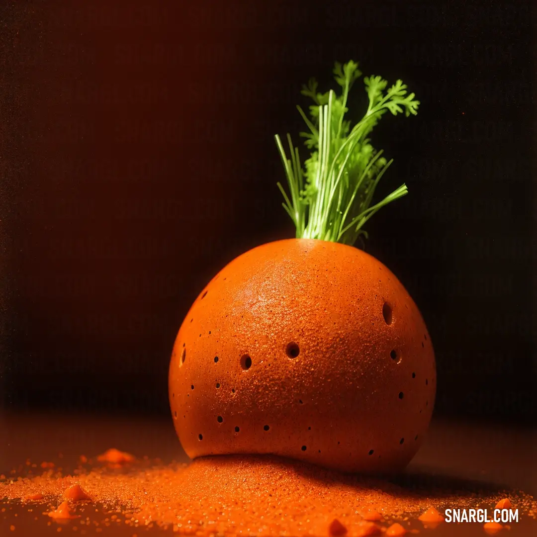 Carrot with a sprig of green on top of it's head on a table with red powder