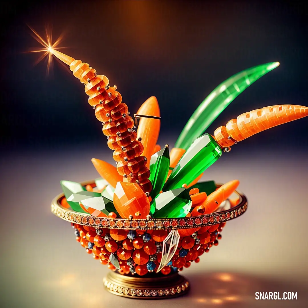 Decorative bowl with carrots and other items in it on a table top with a black background and a sparkler