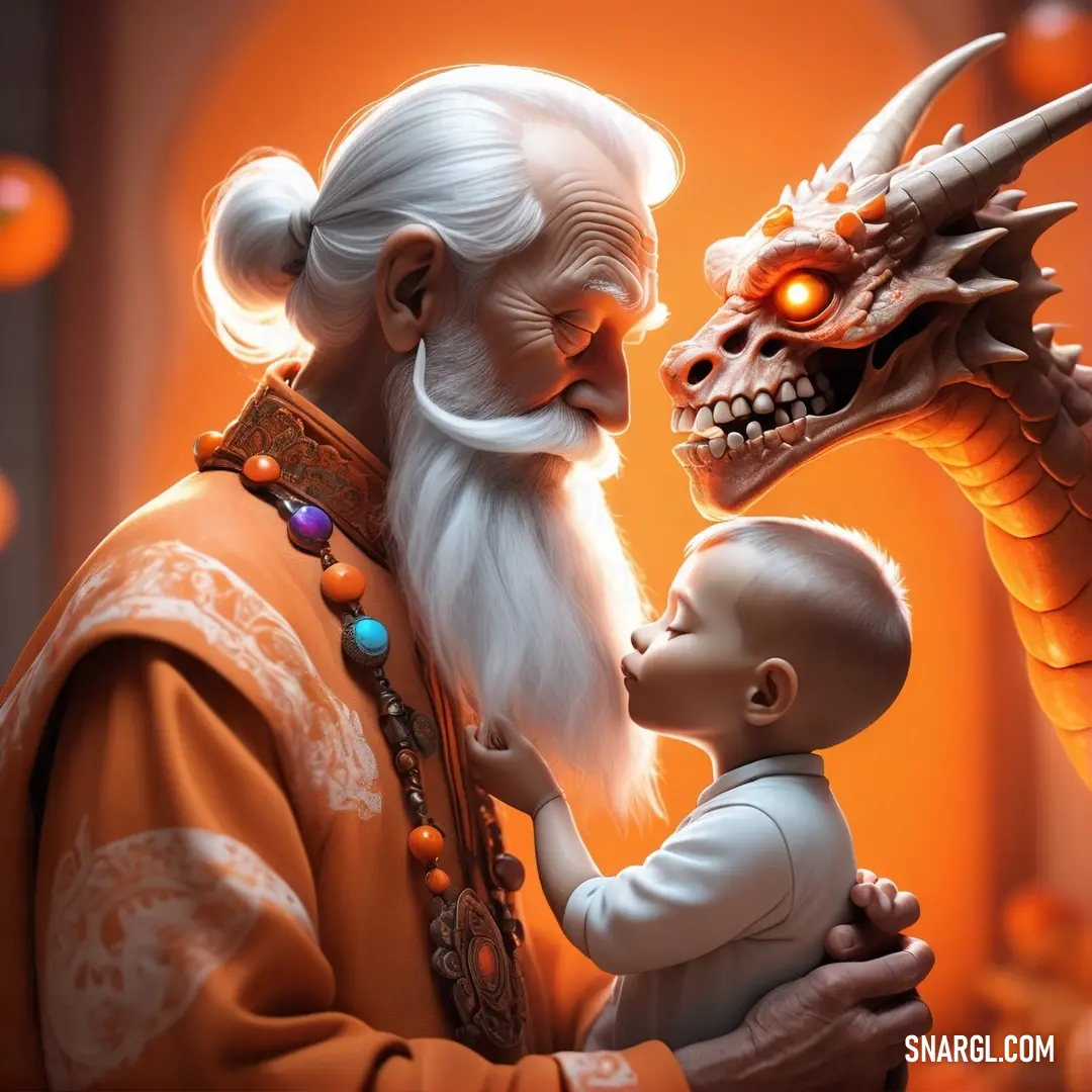 Carrot color example: Man holding a baby next to a dragon head and a demon head on a wall with orange lights