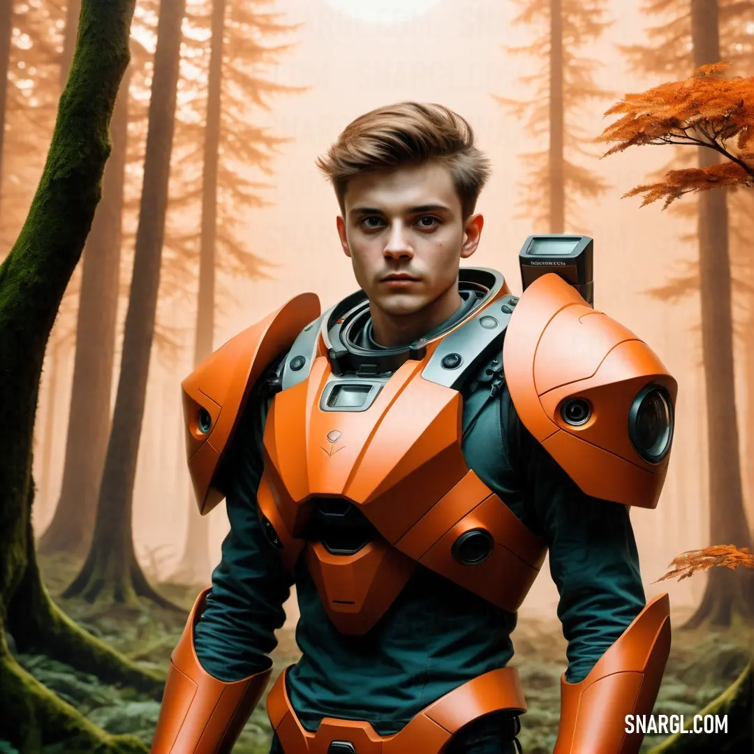 Man in a futuristic suit standing in a forest with trees and a full moon in the background. Example of #FD6F3B color.