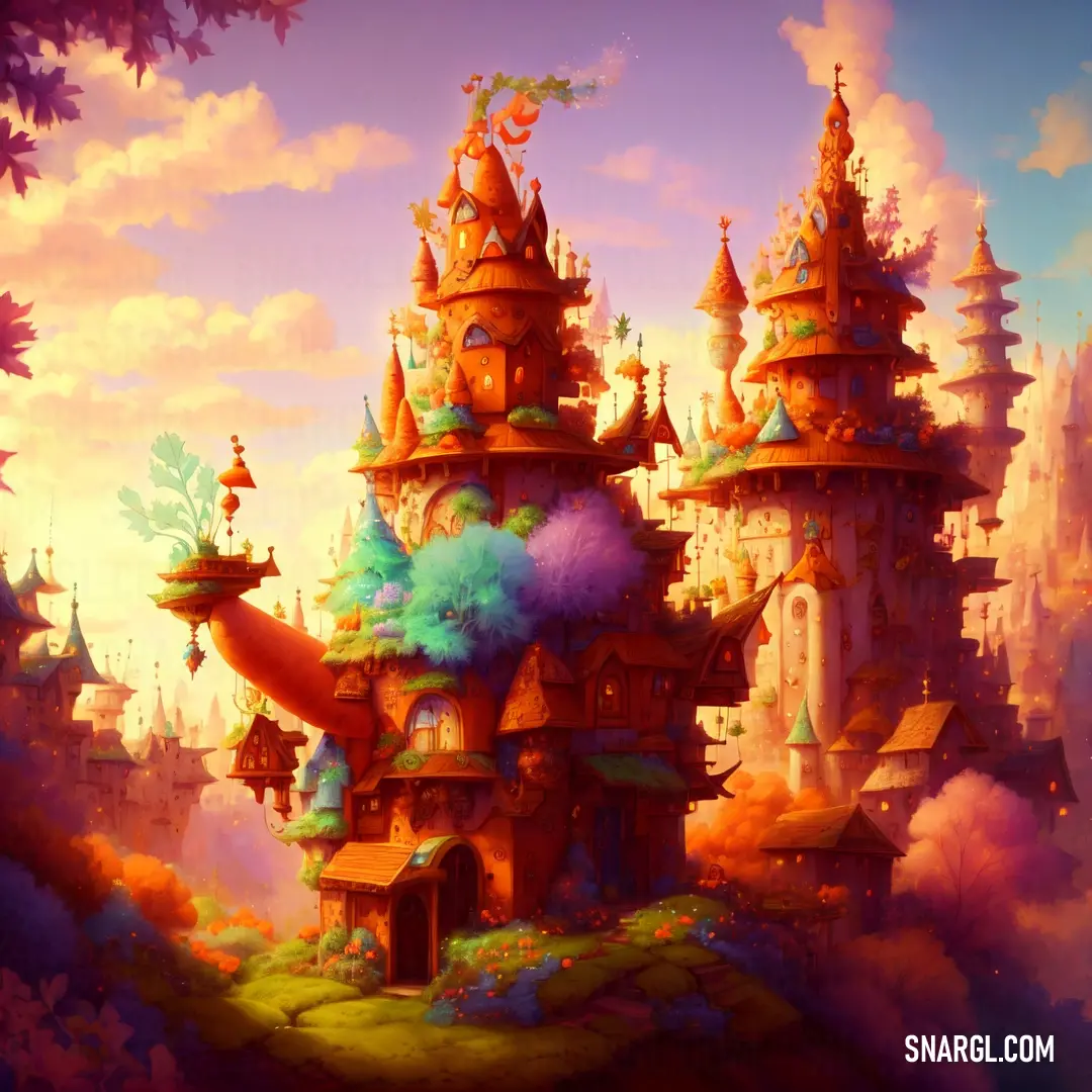 Painting of a castle with a lot of towers and towers on it's sides and a sky background