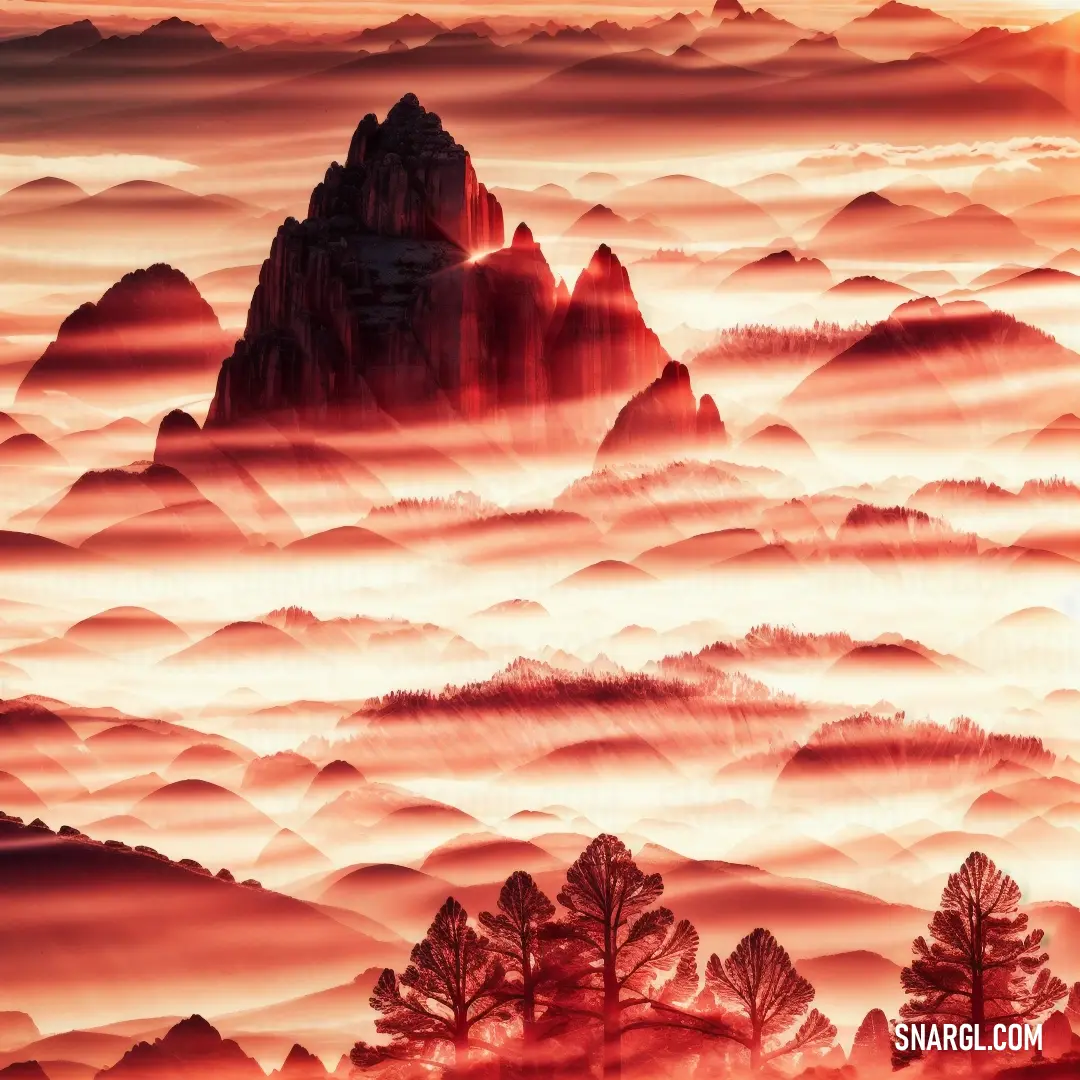 Painting of a mountain range with trees in the foreground and a sunset in the background with a red hue