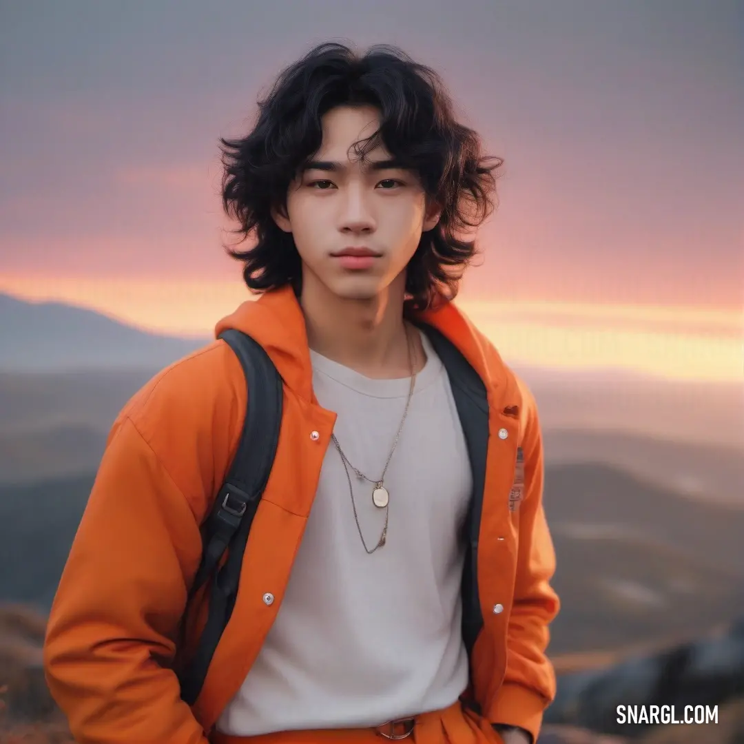 Young man with a backpack on top of a mountain at sunset or sunrise. Example of Carrot color.